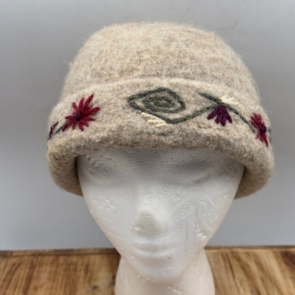 Handmade Felted Wool Cloche Hat Beige Floral Embroidered Rolled Brim Vintage